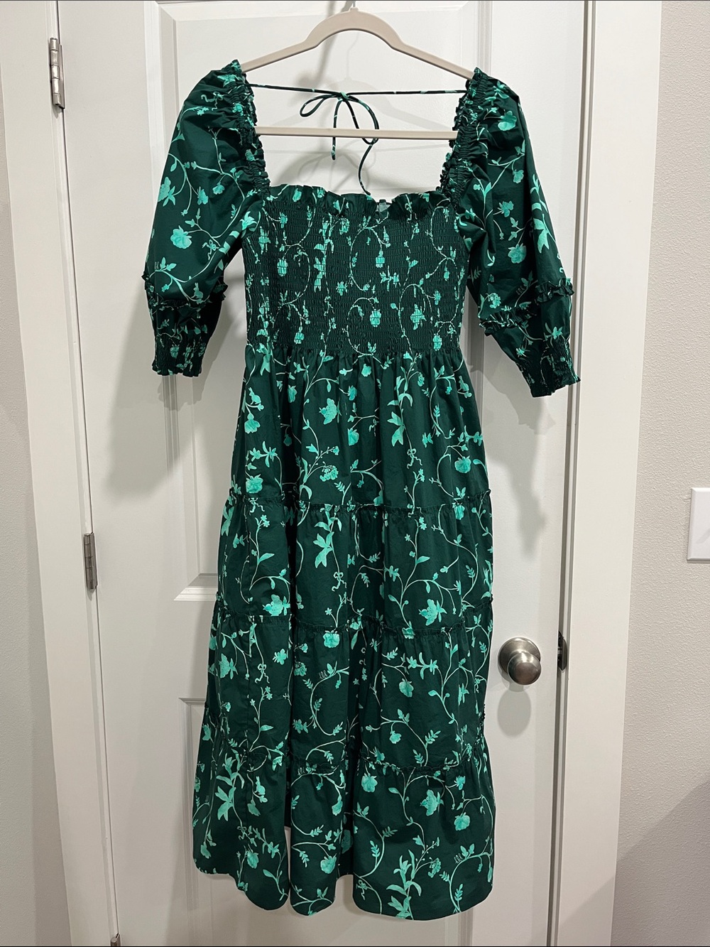 Hill House Nap Dress Emerald Green Floral Smocked Midi